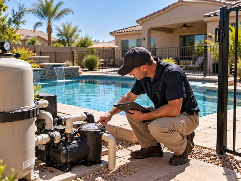 Pool inspector crouching beside a pool pump and sand filter, pointing at the equipment while holding a clipboard, with a backyard pool behind him.. Pool inspector crouching beside a pool pump and sand filter, pointing at the equipment while holding a clipboard, with a backyard pool behind him..
