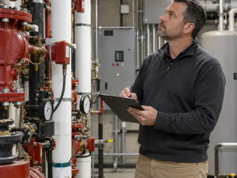Building inspector with a clipboard checking piping, valves, and pressure gauges in a commercial mechanical room during an inspection. Building inspector with a clipboard checking piping, valves, and pressure gauges in a commercial mechanical room during an inspection.