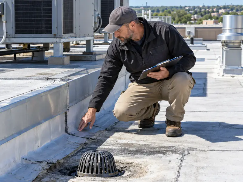 Building inspector examining a roof drain and flashing on a commercial flat roof during a roof inspection. Building inspector examining a roof drain and flashing on a commercial flat roof during a roof inspection.