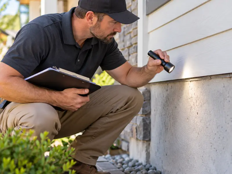 Home inspector with a clipboard shining a flashlight on the foundation and siding of a house. Home inspector with a clipboard shining a flashlight on the foundation and siding of a house.