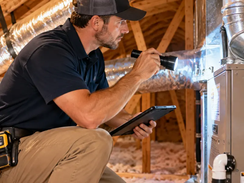 Home inspector using a flashlight and tablet to inspect HVAC ductwork and insulation in an attic. Home inspector using a flashlight and tablet to inspect HVAC ductwork and insulation in an attic.