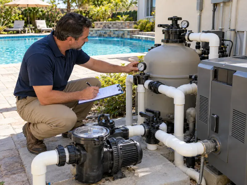 Inspector checking pool pump, filter, pressure gauges, valves, and plumbing during a residential swimming pool equipment inspection. Inspector checking pool pump, filter, pressure gauges, valves, and plumbing during a residential swimming pool equipment inspection.