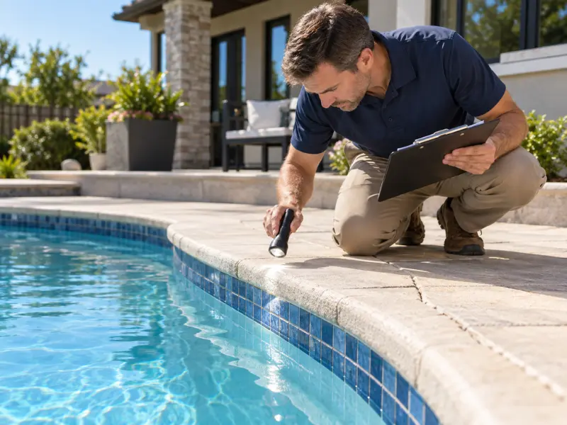 Home inspector examining pool coping and tile for cracks and surface damage during a residential swimming pool inspection. Home inspector examining pool coping and tile for cracks and surface damage during a residential swimming pool inspection.