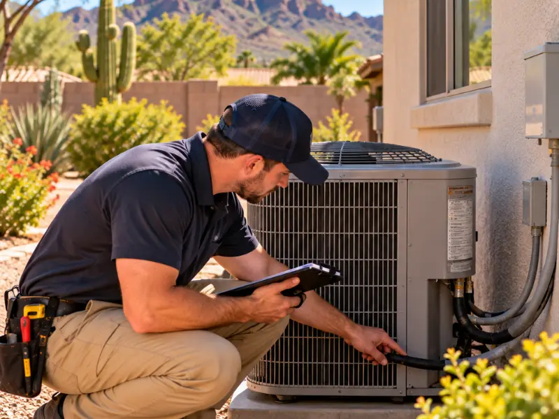 Property inspector examining an outdoor air conditioning condenser unit and refrigerant lines while recording findings on a tablet. Property inspector examining an outdoor air conditioning condenser unit and refrigerant lines while recording findings on a tablet.