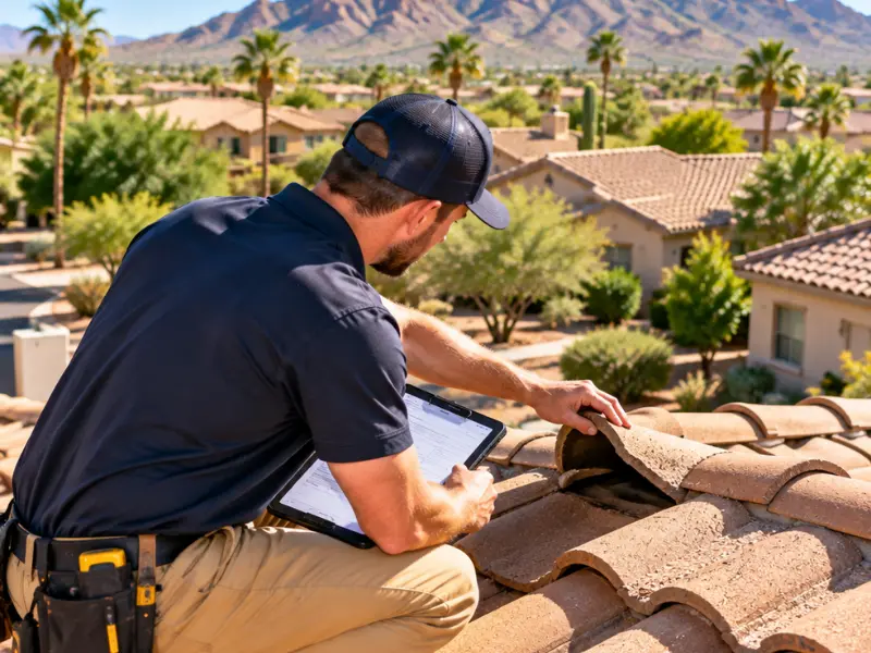 Home inspector lifting a clay roof tile to check for damage during a roof inspection, with a tablet checklist in hand. Home inspector lifting a clay roof tile to check for damage during a roof inspection, with a tablet checklist in hand.