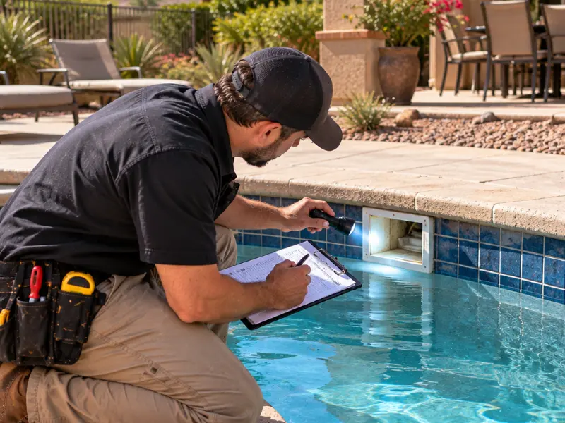 Inspector shining a flashlight into a pool skimmer and writing notes on a clipboard beside the tile line. Inspector shining a flashlight into a pool skimmer and writing notes on a clipboard beside the tile line.