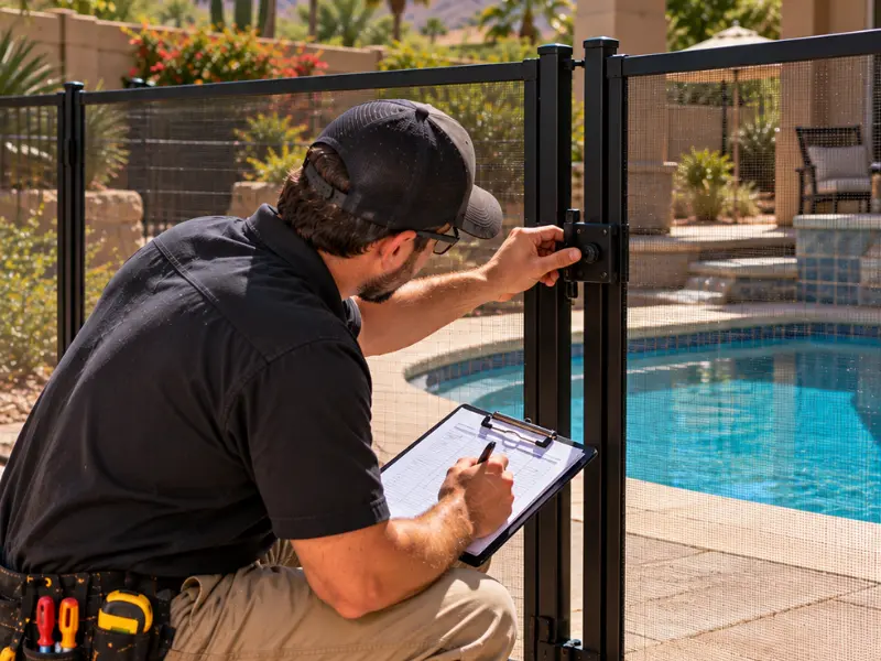 Inspector checking the latch on a self-closing pool safety fence gate and recording notes on a clipboard. Inspector checking the latch on a self-closing pool safety fence gate and recording notes on a clipboard.