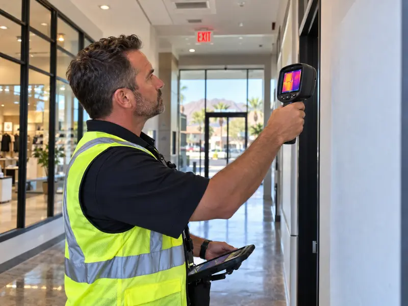 Property inspector in a high-visibility vest scanning a commercial building wall with a thermal imaging camera.