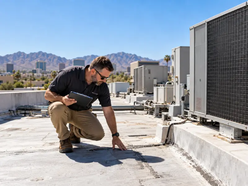 Inspector crouching on a commercial rooftop to check the roof surface near HVAC units while holding a tablet.