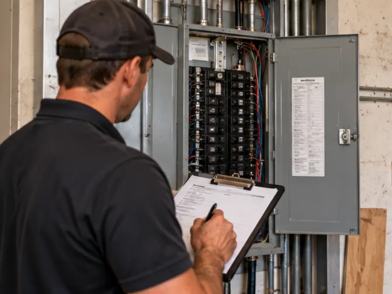 Inspector documenting findings on a clipboard while reviewing a commercial electrical panel during a property inspection.
