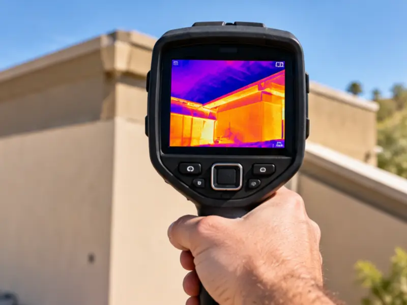 Inspector using a thermal imaging camera on a commercial building exterior to find hidden heat and moisture issues.