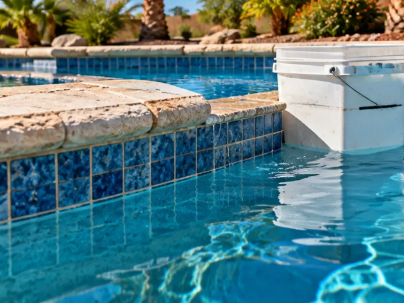 Close-up of pool waterline tile and stone coping checked during a pool inspection.