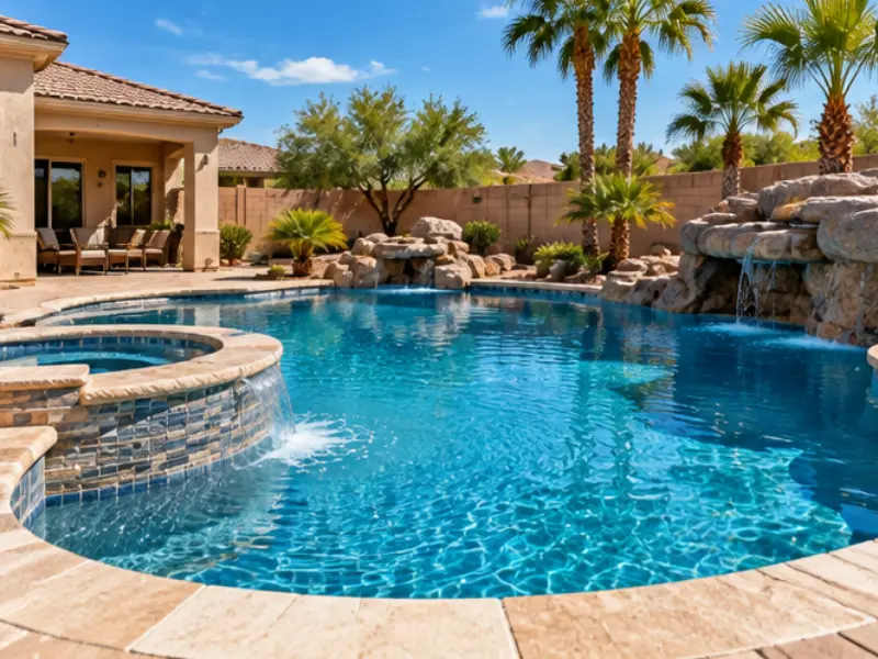 Residential backyard pool with raised spa, rock waterfall and palm trees, ready for a pool inspection.