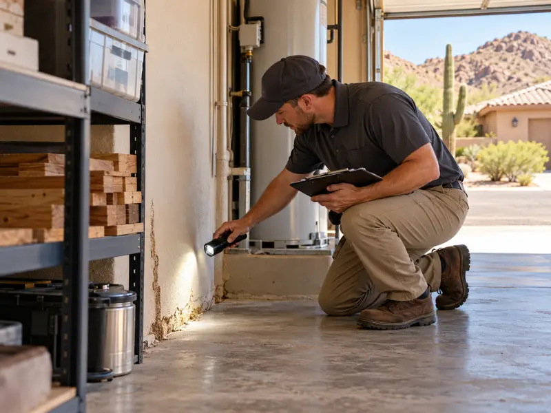 Pest inspector kneeling in a garage with a flashlight and clipboard, checking the base of a stucco wall near a water heater during a home pest inspection. Pest inspector kneeling in a garage with a flashlight and clipboard, checking the base of a stucco wall near a water heater during a home pest inspection.
