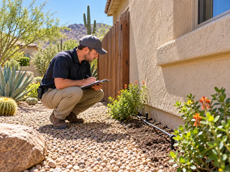Pest control technician crouching in desert landscaping to inspect the foundation and irrigation line along a stucco home and record findings on a clipboard. Pest control technician crouching in desert landscaping to inspect the foundation and irrigation line along a stucco home and record findings on a clipboard.