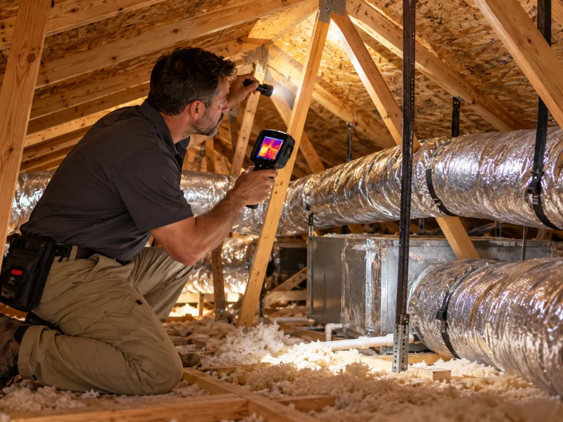 Home inspector using a thermal imaging camera and flashlight in an attic to check insulation and ductwork during a residential property inspection. Home inspector using a thermal imaging camera and flashlight in an attic to check insulation and ductwork during a residential property inspection.