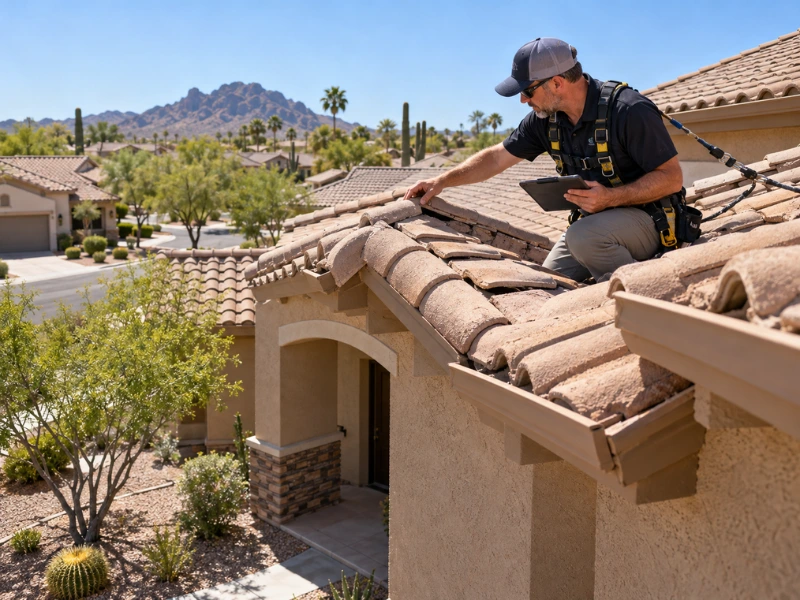 Home inspector in a safety harness checking clay roof tiles with a tablet during a residential property inspection of a desert-style home. Home inspector in a safety harness checking clay roof tiles with a tablet during a residential property inspection of a desert-style home.