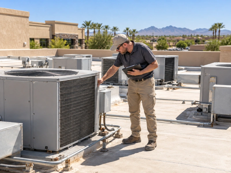 Inspector with a tablet checking rooftop HVAC units on a commercial building as part of a property inspection.