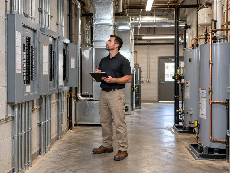 Inspector with a clipboard reviewing electrical panels and water heaters in a commercial building’s mechanical room.