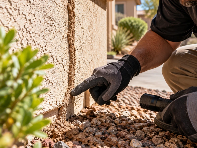 Pest control technician pointing to a termite mud tube on an exterior stucco wall near the foundation during an inspection. Pest control technician pointing to a termite mud tube on an exterior stucco wall near the foundation during an inspection.