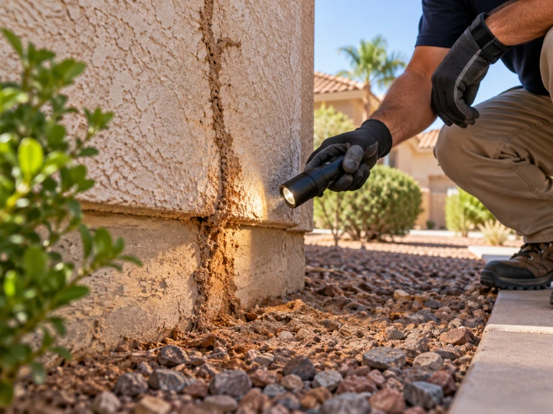 Pest inspector in gloves shining a flashlight on a termite mud tube running up a stucco wall during a home pest inspection. Pest inspector in gloves shining a flashlight on a termite mud tube running up a stucco wall during a home pest inspection.
