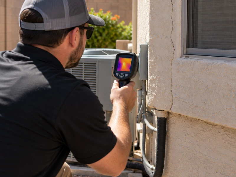 Home inspector using a thermal imaging camera to check an outdoor AC unit and exterior wall. Home inspector using a thermal imaging camera to check an outdoor AC unit and exterior wall.