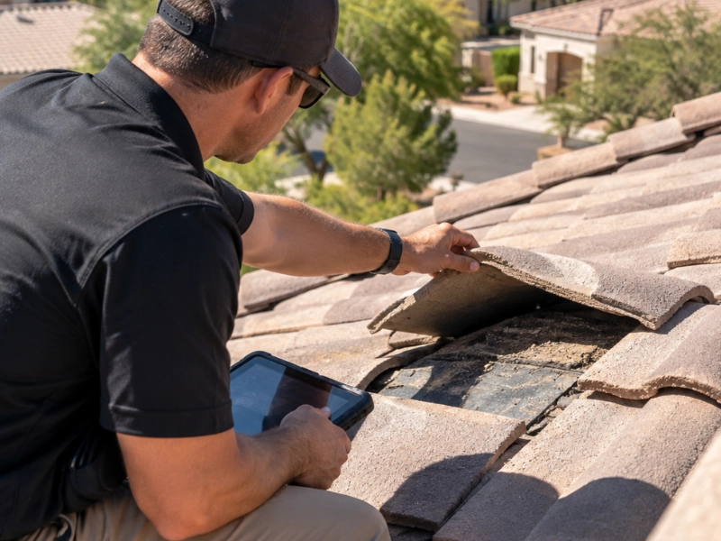 Home inspector lifting a clay roof tile to check for damage during a roof inspection. Home inspector lifting a clay roof tile to check for damage during a roof inspection.