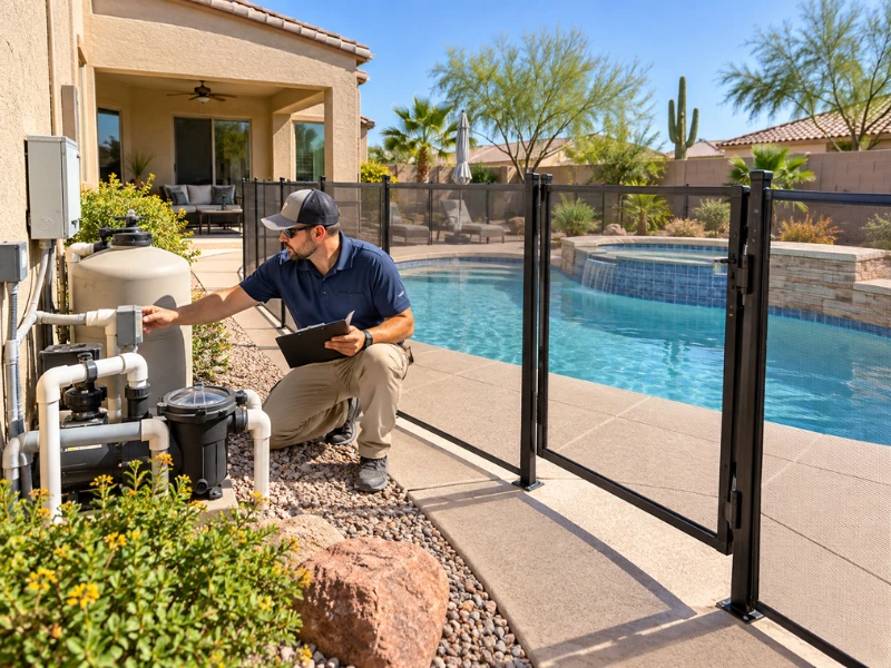 Property inspector checking pool equipment and the safety fence during a pool inspection in Arizona. Property inspector checking pool equipment and the safety fence during a pool inspection in Arizona.
