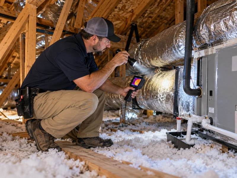 Property inspector using a thermal imaging camera and flashlight to check attic ductwork and HVAC unit. Property inspector using a thermal imaging camera and flashlight to check attic ductwork and HVAC unit.