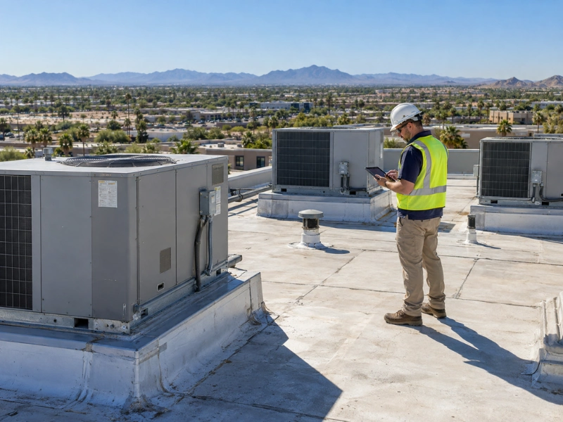Office building inspector checking rooftop HVAC systems and documenting equipment conditions during a commercial property inspection.