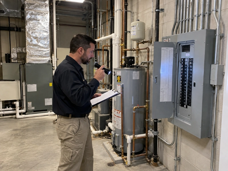 Building inspector examining mechanical equipment, plumbing connections, and an electrical panel during a commercial office building inspection.