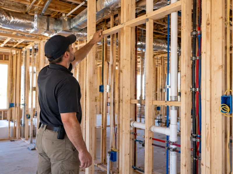 Inspector reviewing framing, plumbing and ductwork during a pre-drywall new construction home inspection.