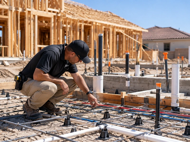 Inspector checking plumbing rough-in lines on a new home foundation during a pre-pour new construction inspection.