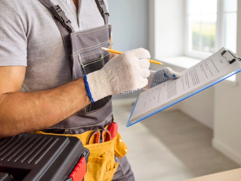 Home inspector in work gloves filling out an inspection checklist on a clipboard before a family home inspection.