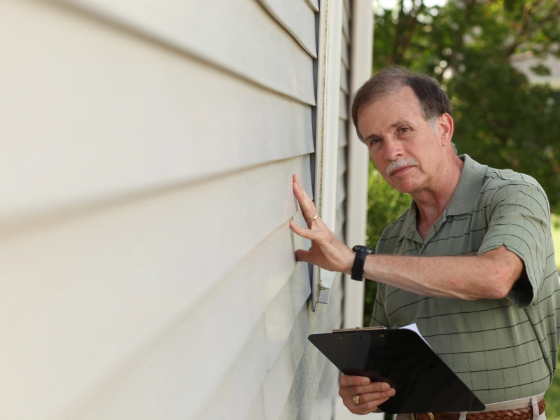 Home inspector checking vinyl siding on a house exterior during a family home inspection.