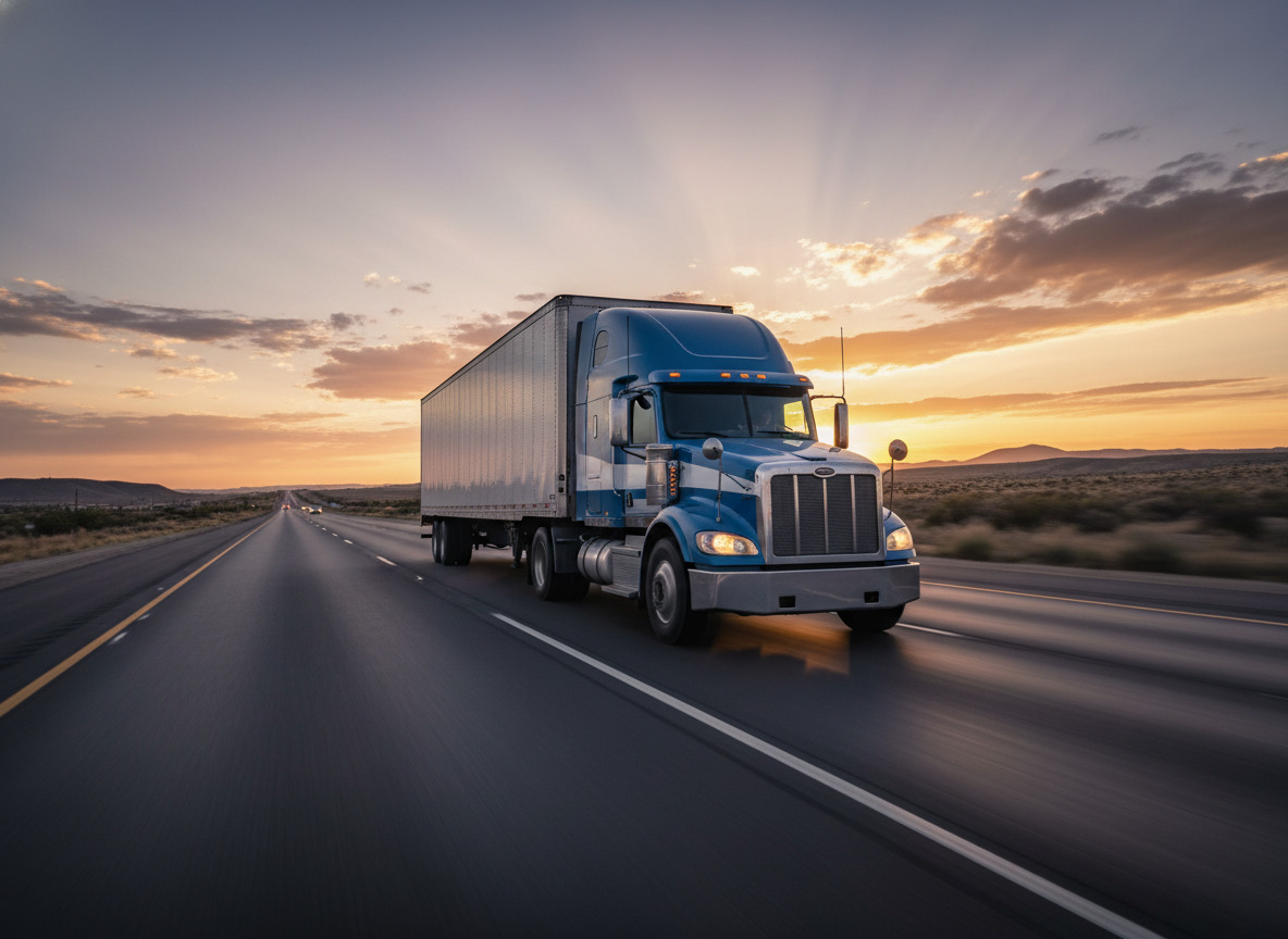 Professional long distance moving truck traveling on an open highway at sunset.
