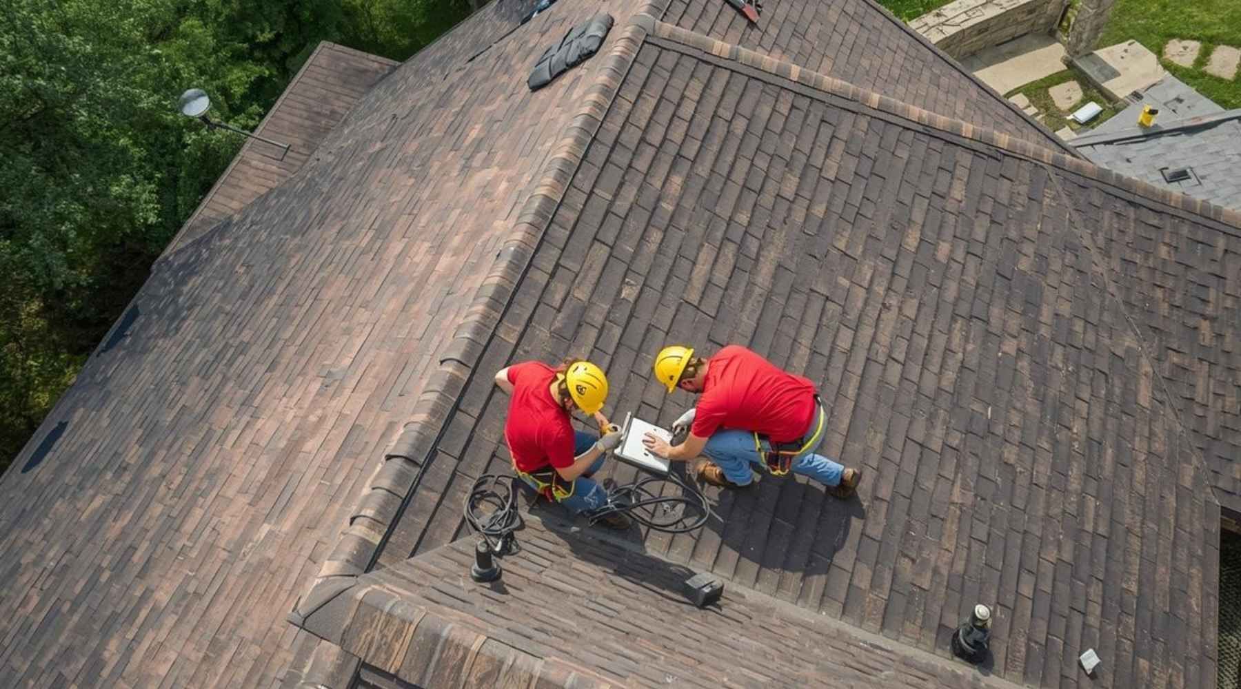 Allstate Exteriors crew inspecting a roof from above