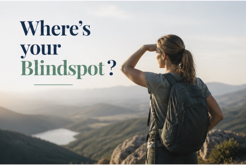 Where's your blindspot? A hiker looking out over a valley, scanning the horizon