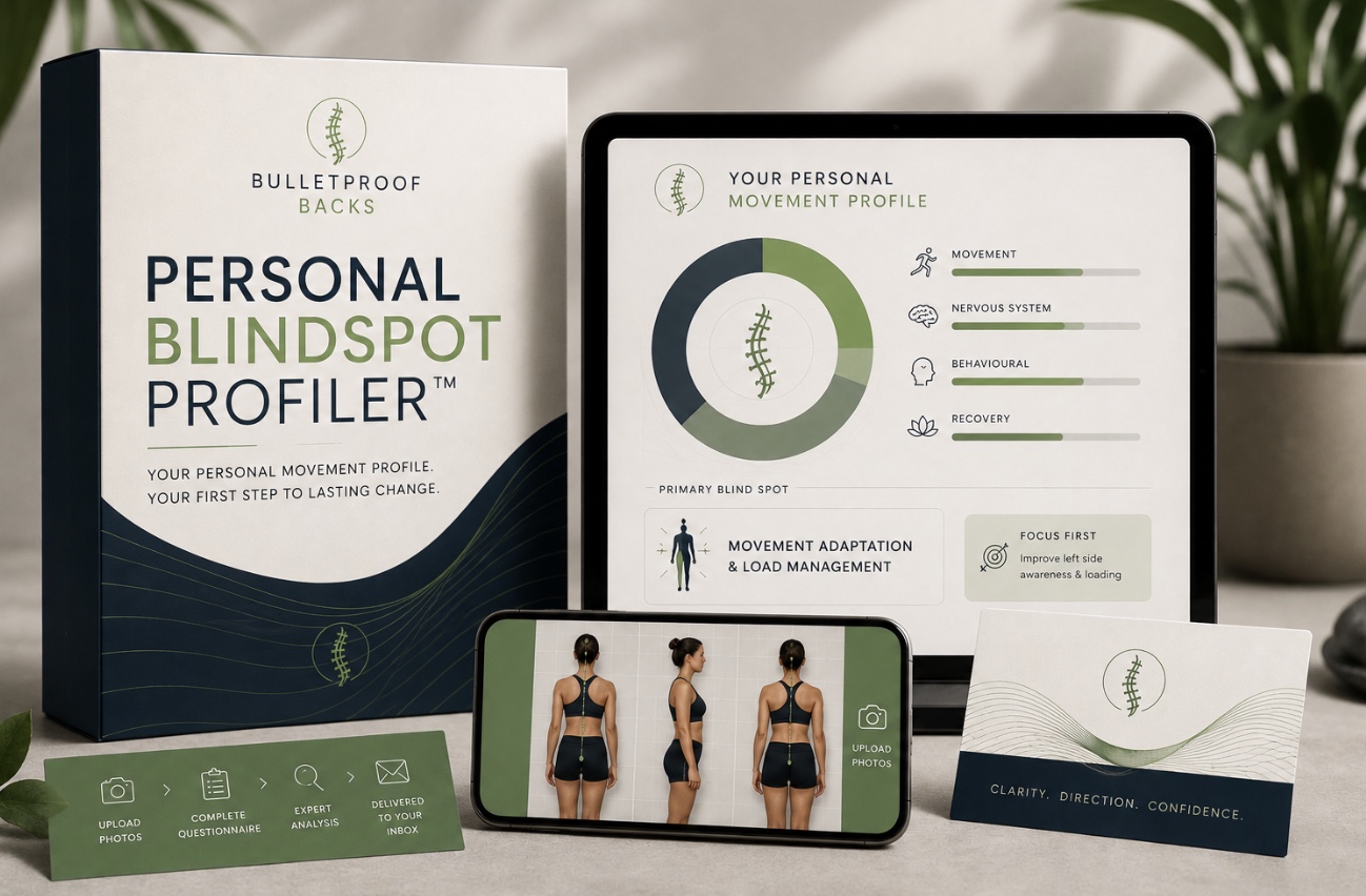 The Bulletproof Backs Personal Blindspot Profiler shown across packaging, tablet, and phone