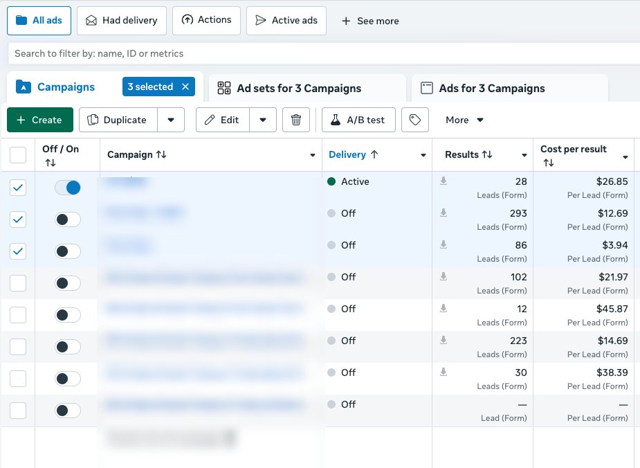 Ads Manager screenshot with campaign names blurred