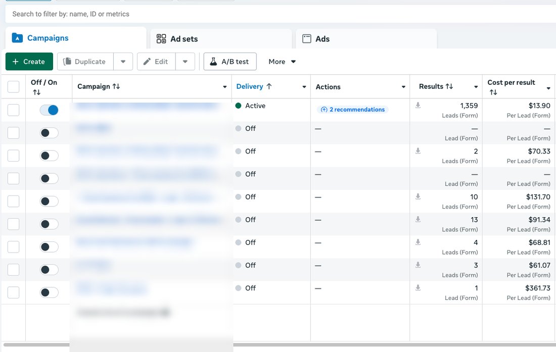 Ads Manager screenshot with campaign names blurred
