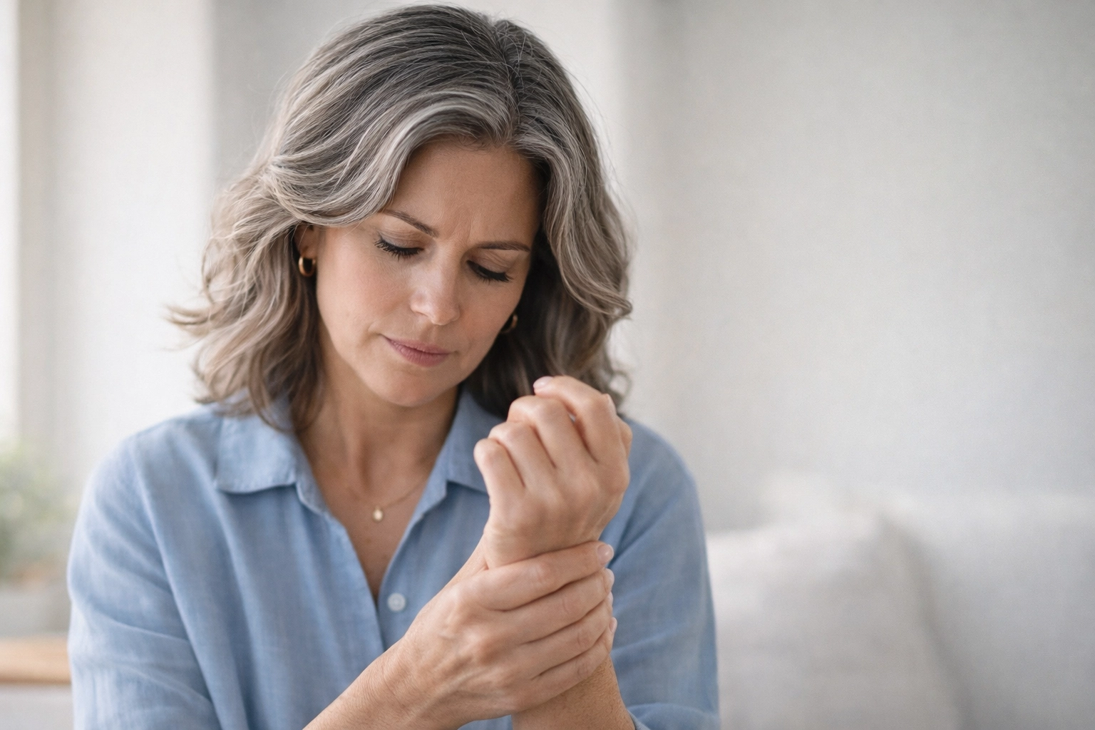 Woman holding her wrist Woman holding her wrist