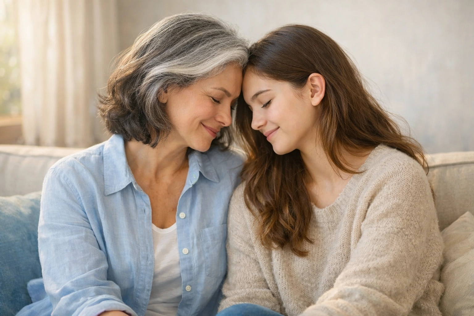 Mum & teen smiling, heads touching Mum & teen smiling, heads touching