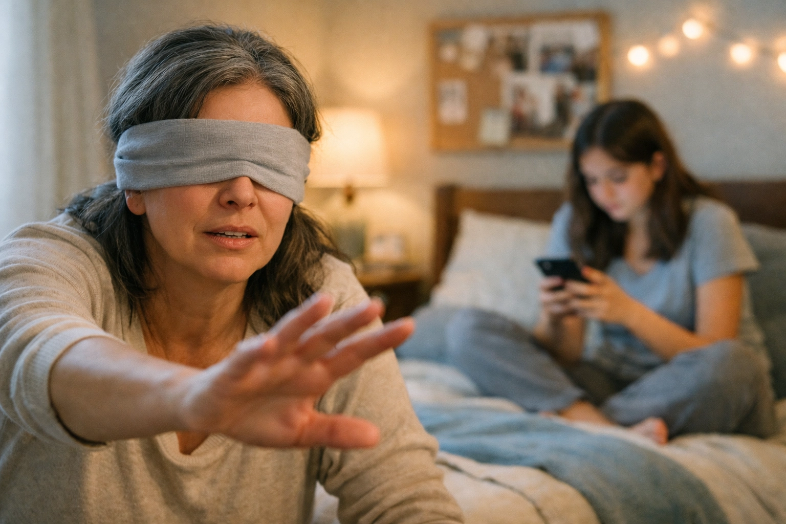 Mum blindfolded feeling her way, teen head in mobile phone Mum blindfolded feeling her way, teen head in mobile phone