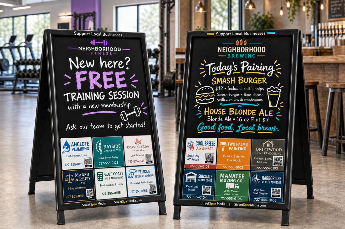 Two StreetSpan specials boards, one in a gym and one in a brewery, each with six local sponsor ads along the bottom