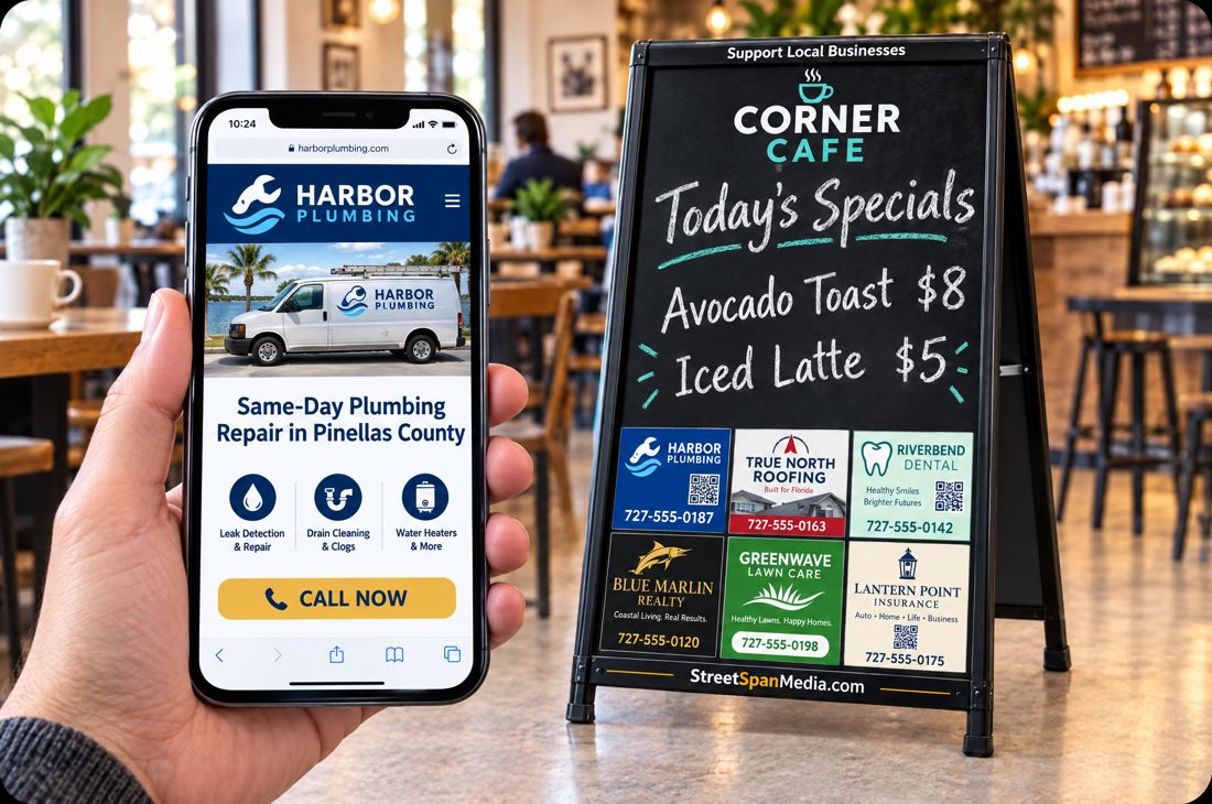A customer in a cafe looking at a local plumber's website on a phone, with a StreetSpan specials board and sponsor ads behind them