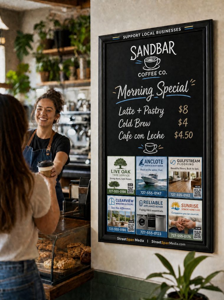A StreetSpan wall-mounted specials board beside the counter of a coffee shop, with six sponsor ads along the bottom