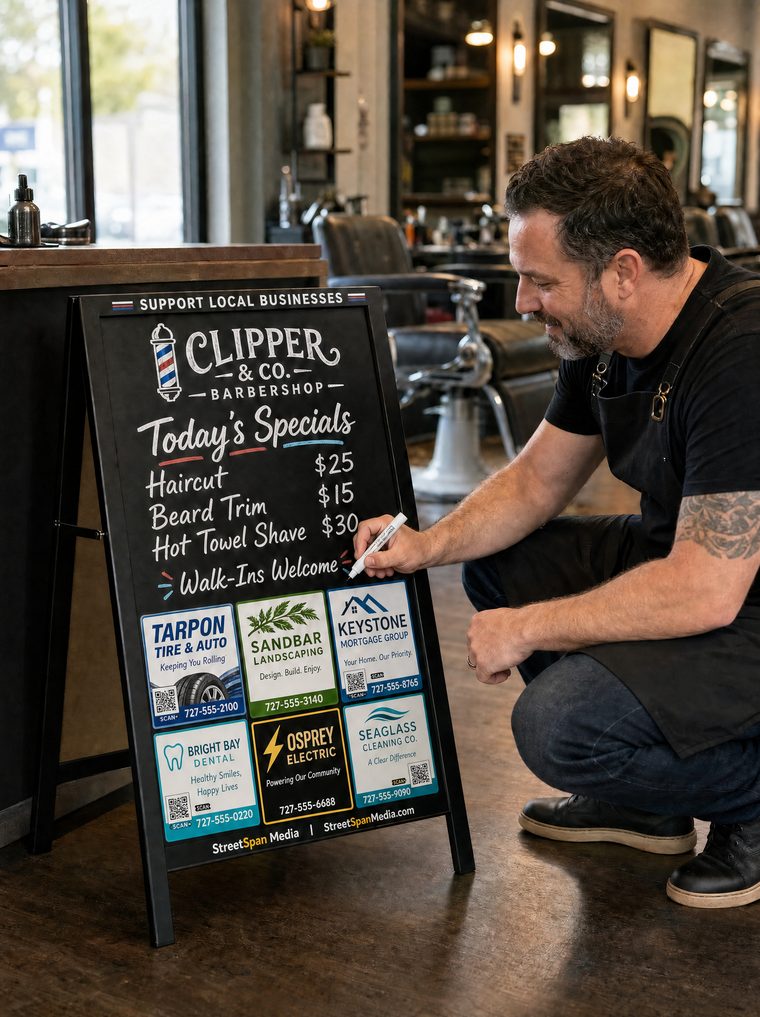 A barber writing the day's specials on a StreetSpan floor-stand board with six sponsor ads along the bottom