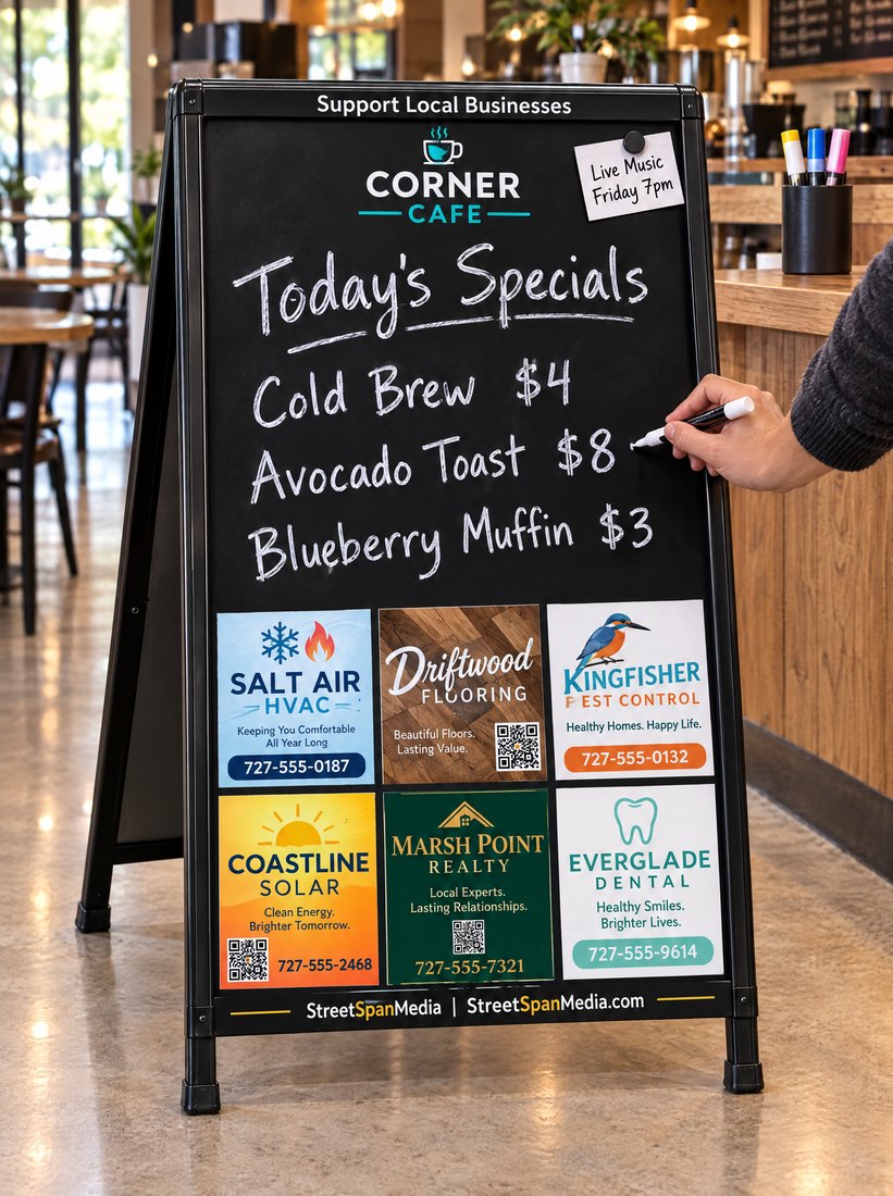 A hand writing today's specials in liquid chalk on a StreetSpan board in a cafe