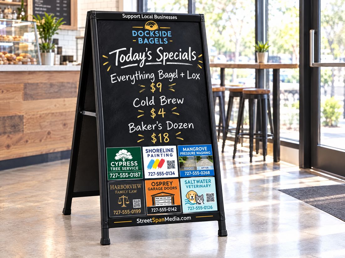 A double-sided StreetSpan aluminum A-frame floor stand by the front door of a bagel shop